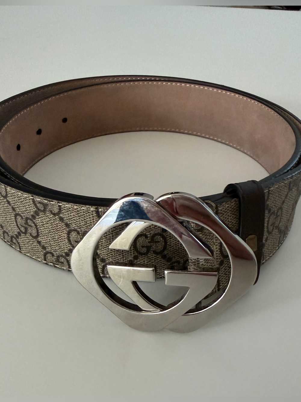 Beige GG Canvas  Logo Belt with Silver Buckle